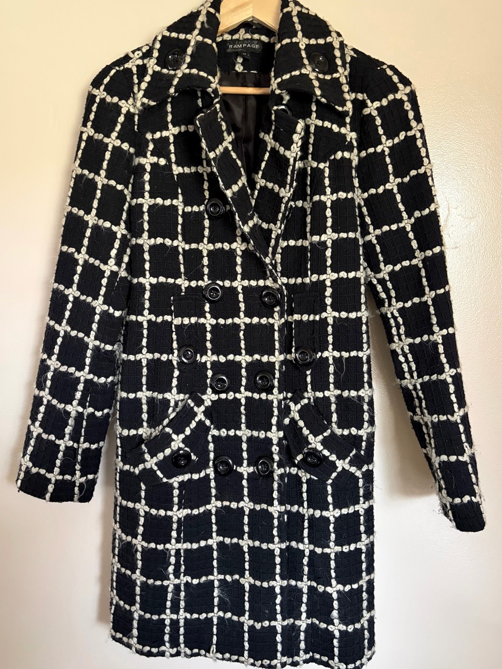 Rampage tweed black white chunky weave plaid peacoat coat jacket M